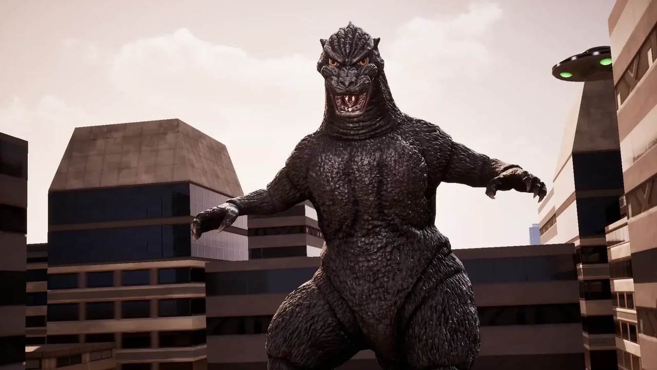 Godzilla roaring in a city street as a Vortaak UFO hovers in Godzilla Destroy All Monsters Melee Remastered