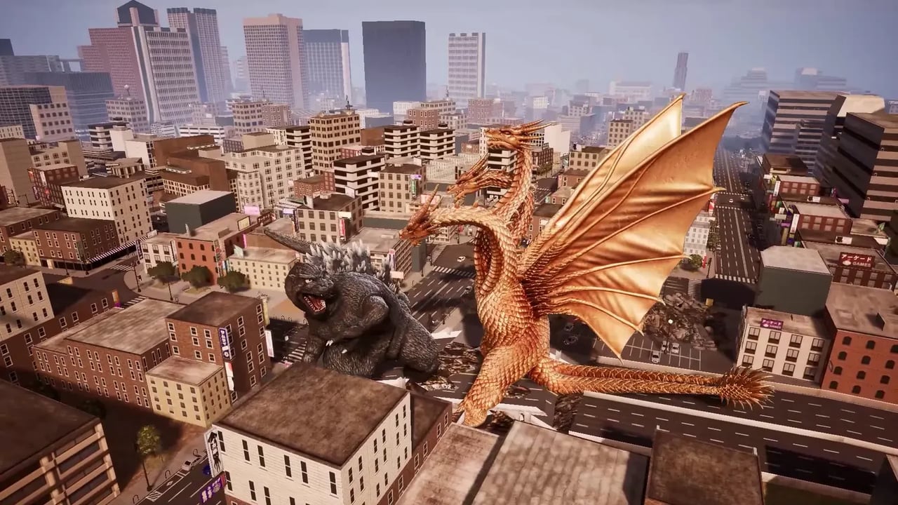 Godzilla facing King Ghidorah over a destructible city in the Unreal Engine 5 remaster
